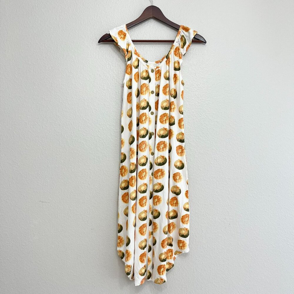 Kate Quinn Orange Print Dress Size XS Women's Button Down White Graphic Ruffle